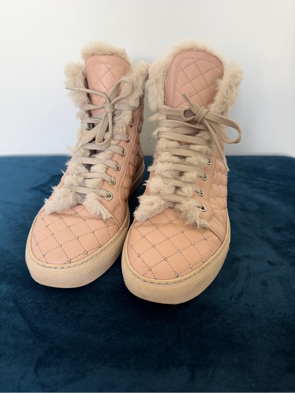 Le Silla Pink Leather Rabbit Fur High Top Sneakers Boots Studded Quilted US6